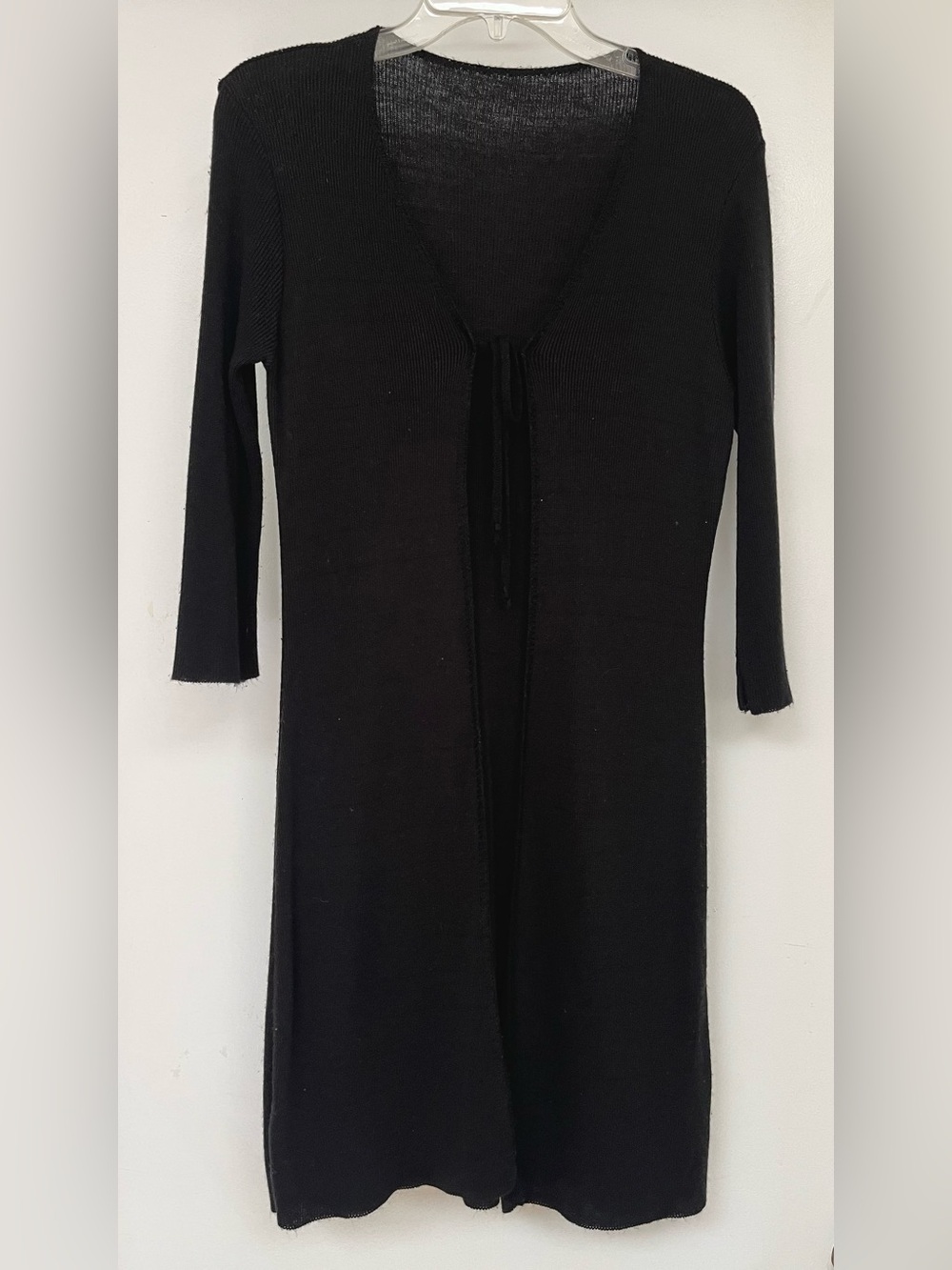Black Tie-Front Ribbed Knit 3/4 Sleeve Knee Length Sweater